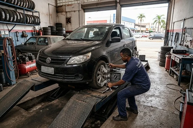 Carro passando por alinhamento de rodas em Várzea Grande.
