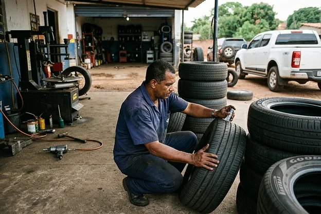 Pneus em bom estado sendo inspecionados por um profissional em Várzea Grande.