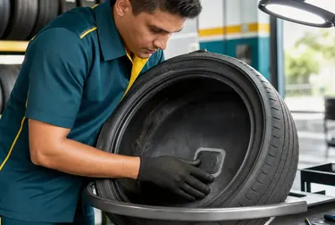 Profissional consertando pneus em Várzea Grande.