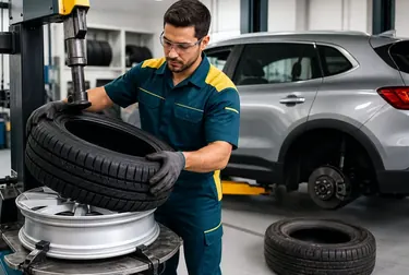 Profissional realizando a troca de pneus em Várzea Grande.
