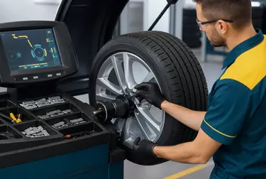 Profissional realizando balanceamento de rodas em Várzea Grande.