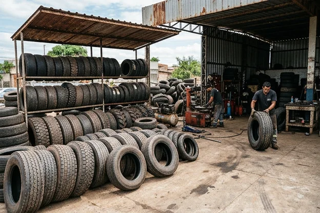 Variedade de pneus expostos para venda em Várzea Grande.